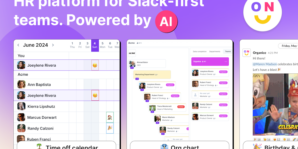 OrgaNice - AI-Powered HR Bot for Slack | Track Time Offs, Build Org Chart, Automate Birthdays, Give Kudos, Conduct Surveys